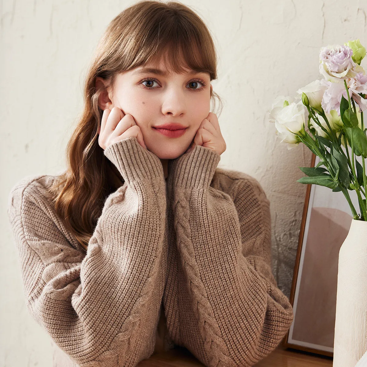 100% Wool Cardigan Women's Cozy Cable Knit Long Coat