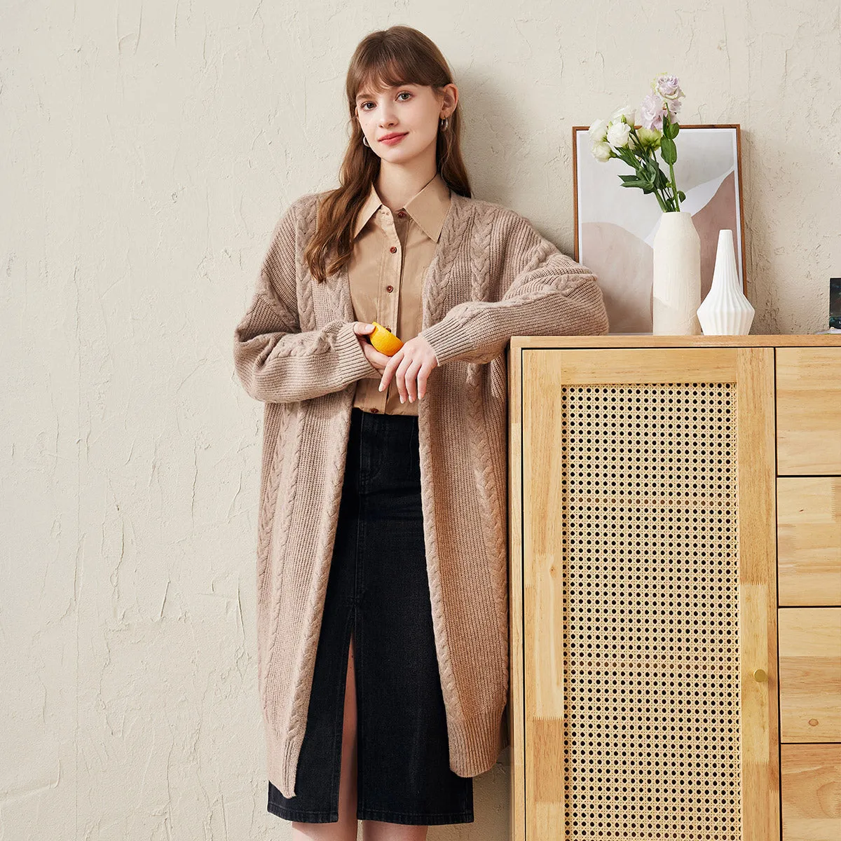 100% Wool Cardigan Women's Cozy Cable Knit Long Coat