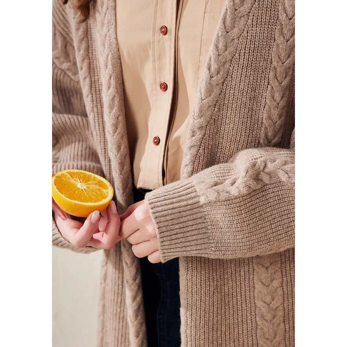 100% Wool Cardigan Women's Cozy Cable Knit Long Coat