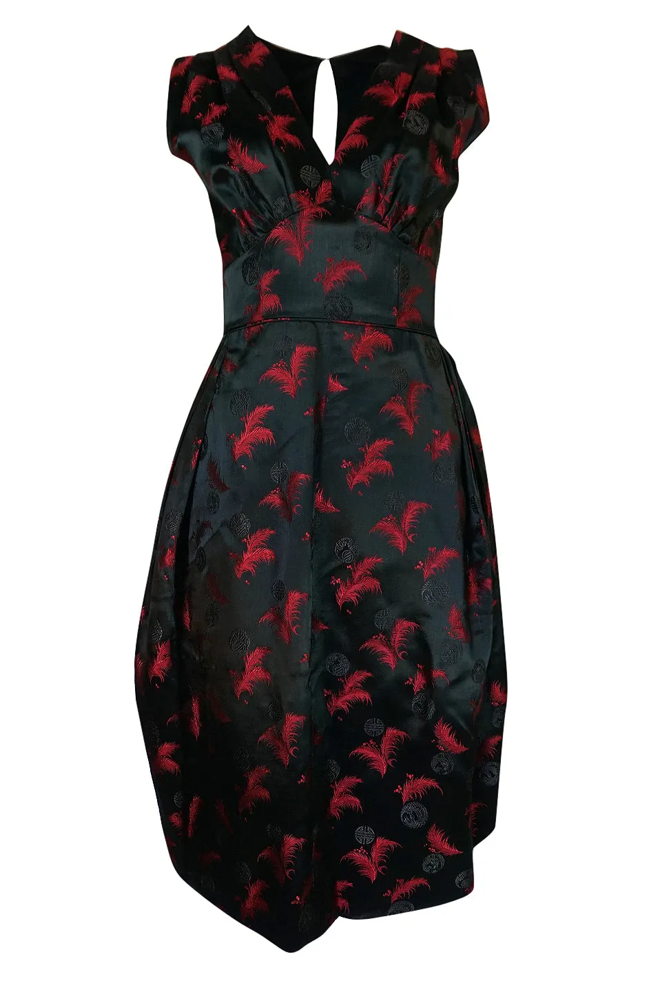 1950s Unlabelled Red & Black Aisian Silk 'Feather' Dress
