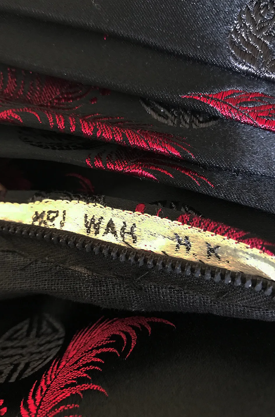 1950s Unlabelled Red & Black Aisian Silk 'Feather' Dress