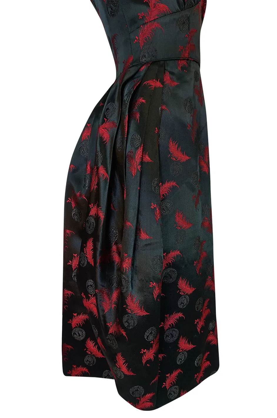 1950s Unlabelled Red & Black Aisian Silk 'Feather' Dress