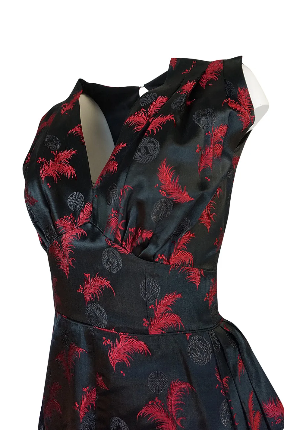 1950s Unlabelled Red & Black Aisian Silk 'Feather' Dress