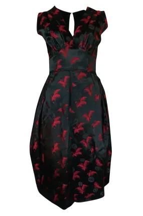 1950s Unlabelled Red & Black Aisian Silk 'Feather' Dress