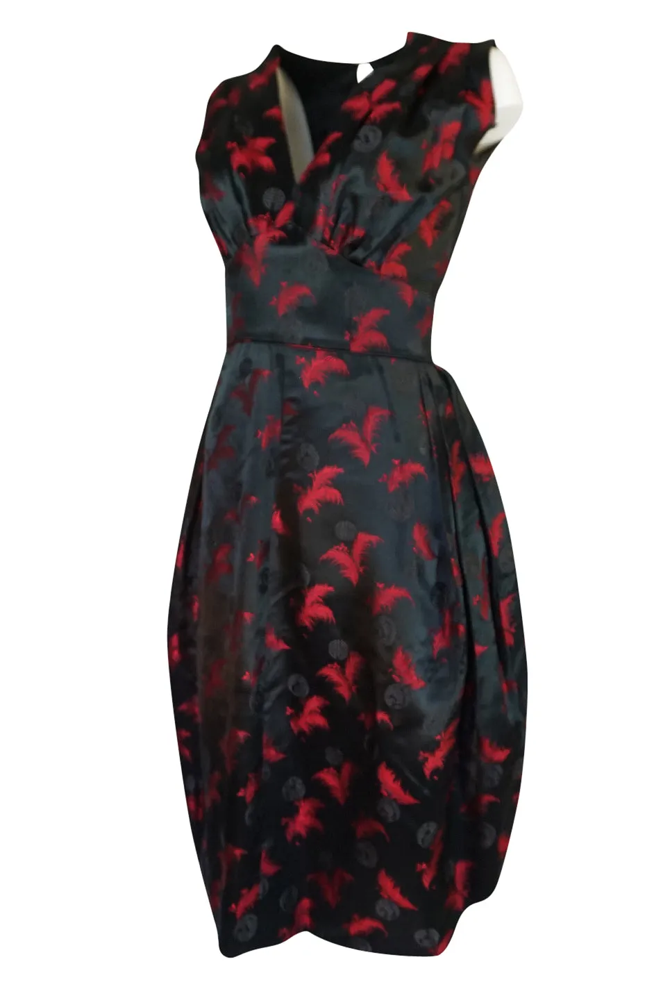 1950s Unlabelled Red & Black Aisian Silk 'Feather' Dress
