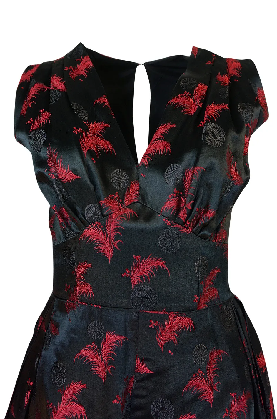 1950s Unlabelled Red & Black Aisian Silk 'Feather' Dress