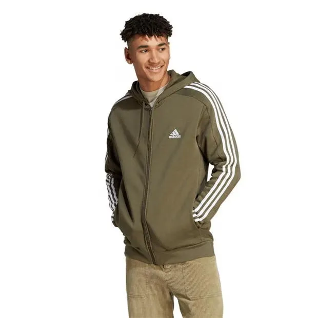 ADIDAS ESSENTIALS FLEECE 3-STRIPES FULL-ZIP HOODIE - MENS - OLIVE
