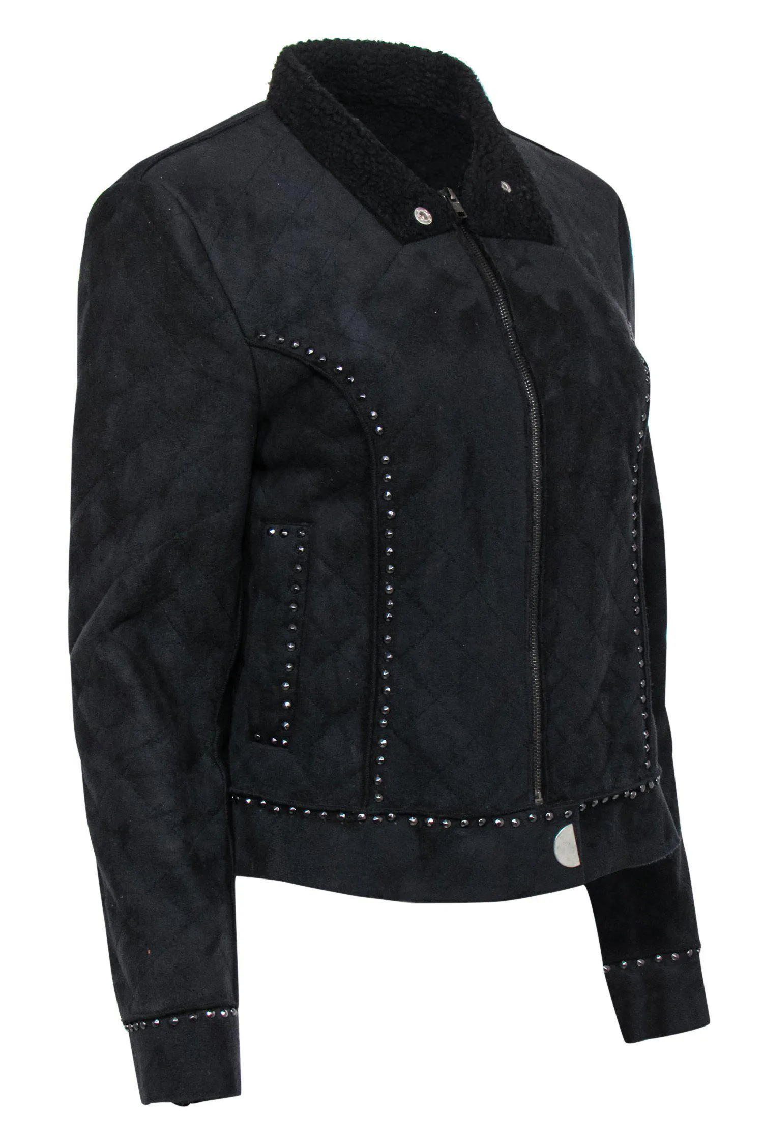 Alberto Makali - Black Quilted Faux Suede Zip-Up Jacket w/ Studded Trim Sz M