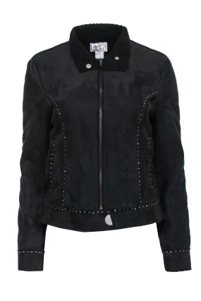 Alberto Makali - Black Quilted Faux Suede Zip-Up Jacket w/ Studded Trim Sz M