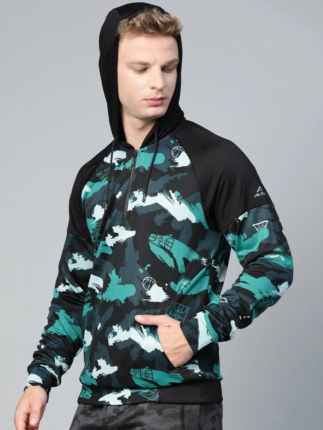 Alcis Men Navy Blue Black Camouflage Printed Hooded Sweatshirt