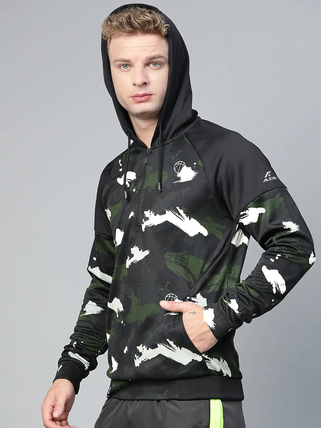 Alcis Men Olive Green Black Camouflage Print Hooded Sweatshirt