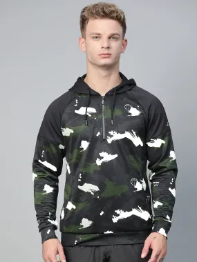 Alcis Men Olive Green Black Camouflage Print Hooded Sweatshirt