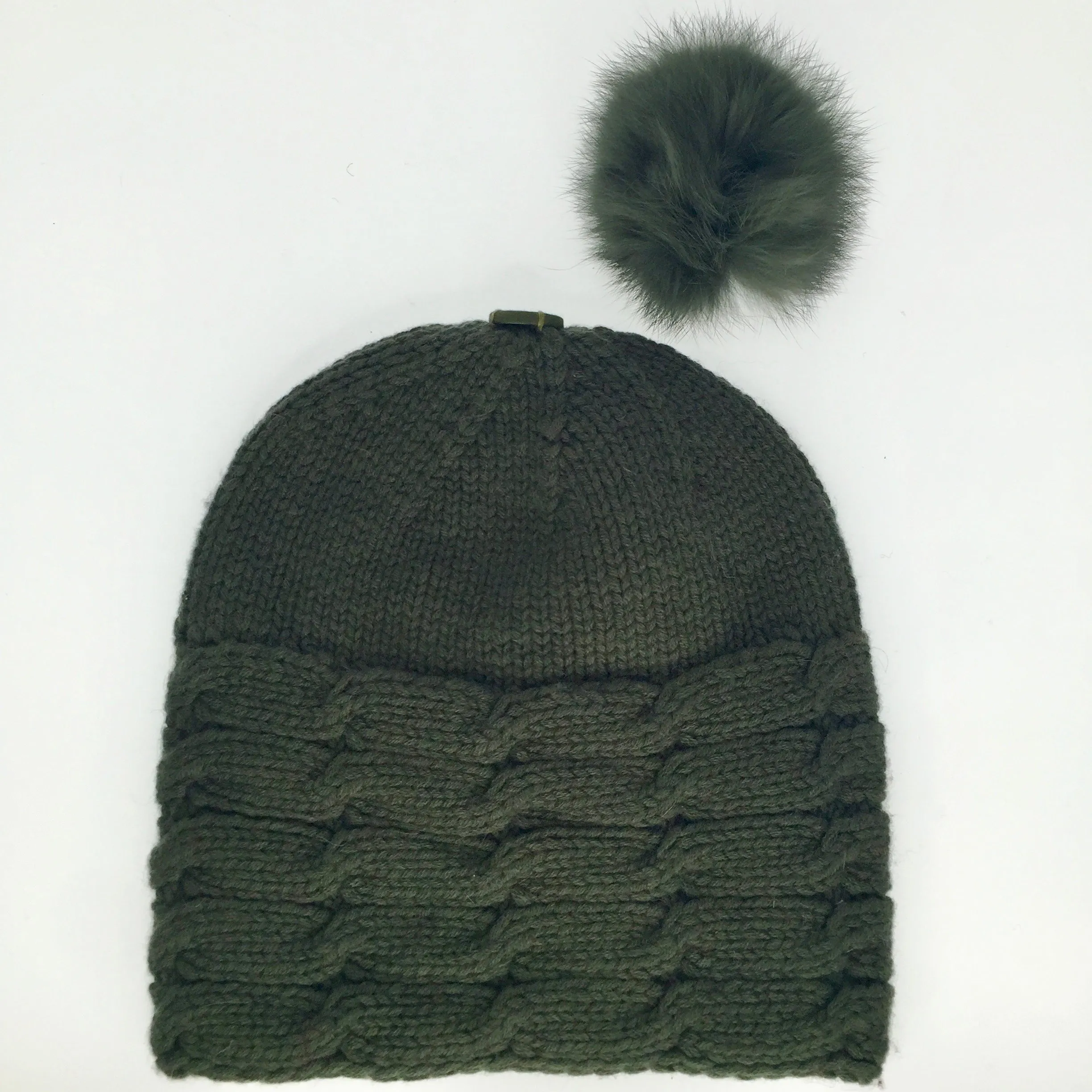 ALL SET!  100% Pure Wool Fancy Cable Beanie (convertible) - Martini Olive