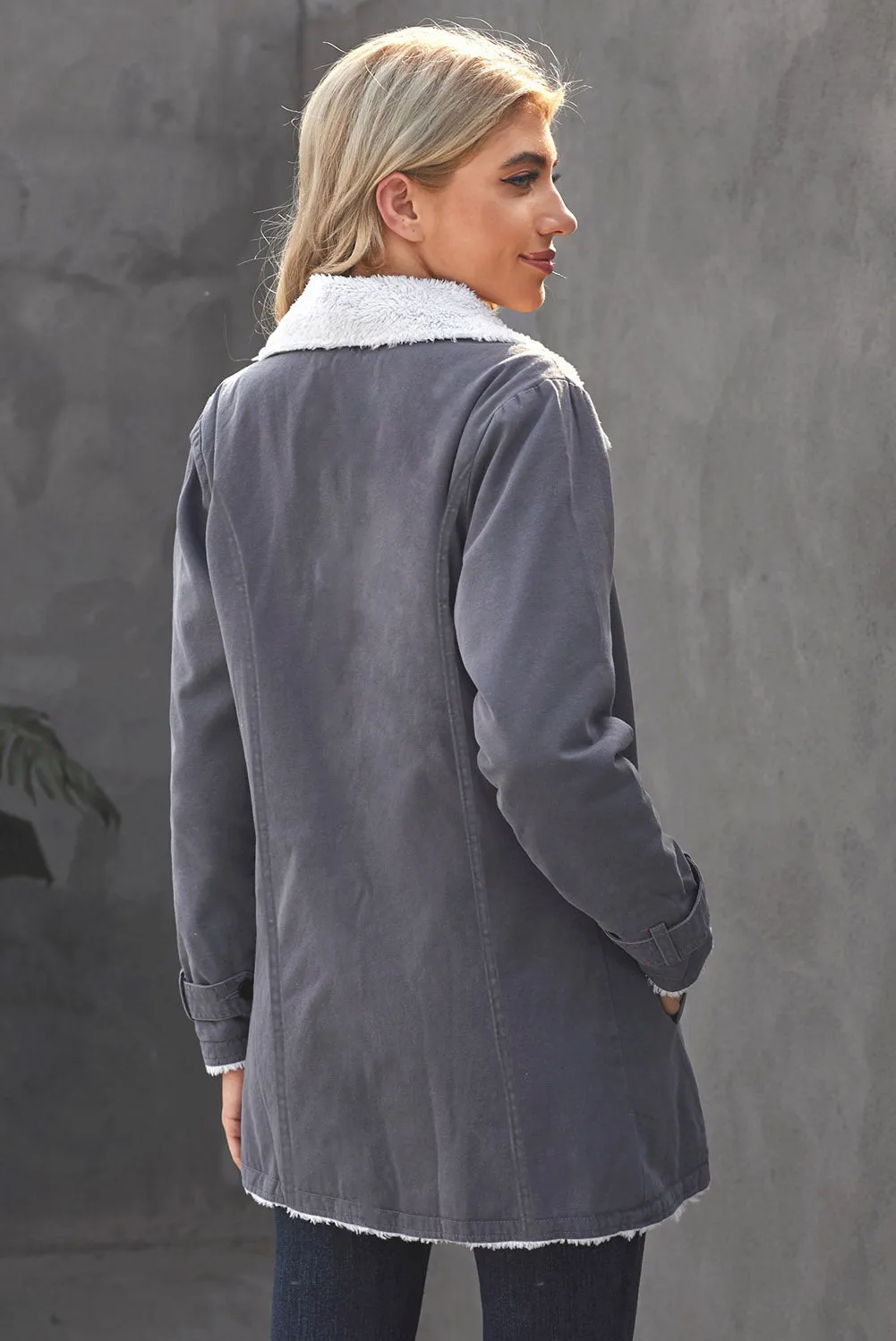 Buttoned Denim Jacket with Faux Fur Lining