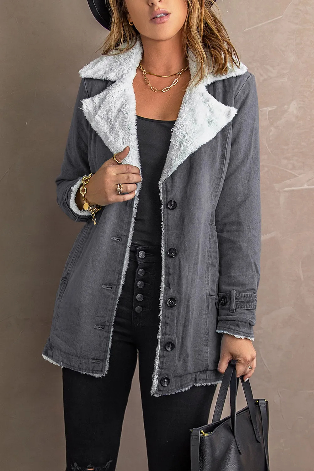Buttoned Denim Jacket with Faux Fur Lining