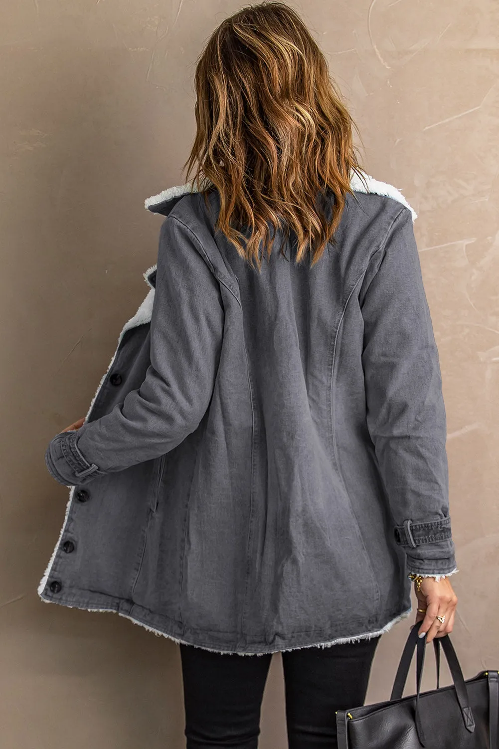 Buttoned Denim Jacket with Faux Fur Lining