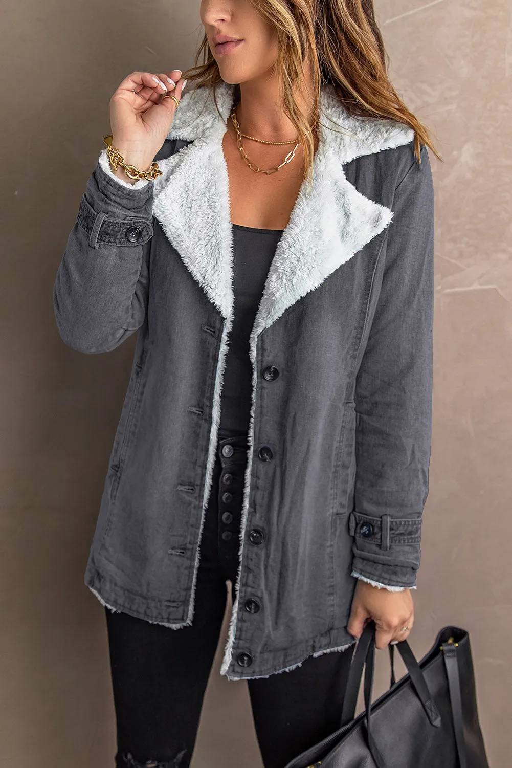 Buttoned Denim Jacket with Faux Fur Lining