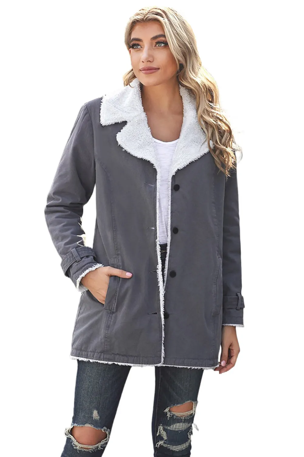Buttoned Denim Jacket with Faux Fur Lining