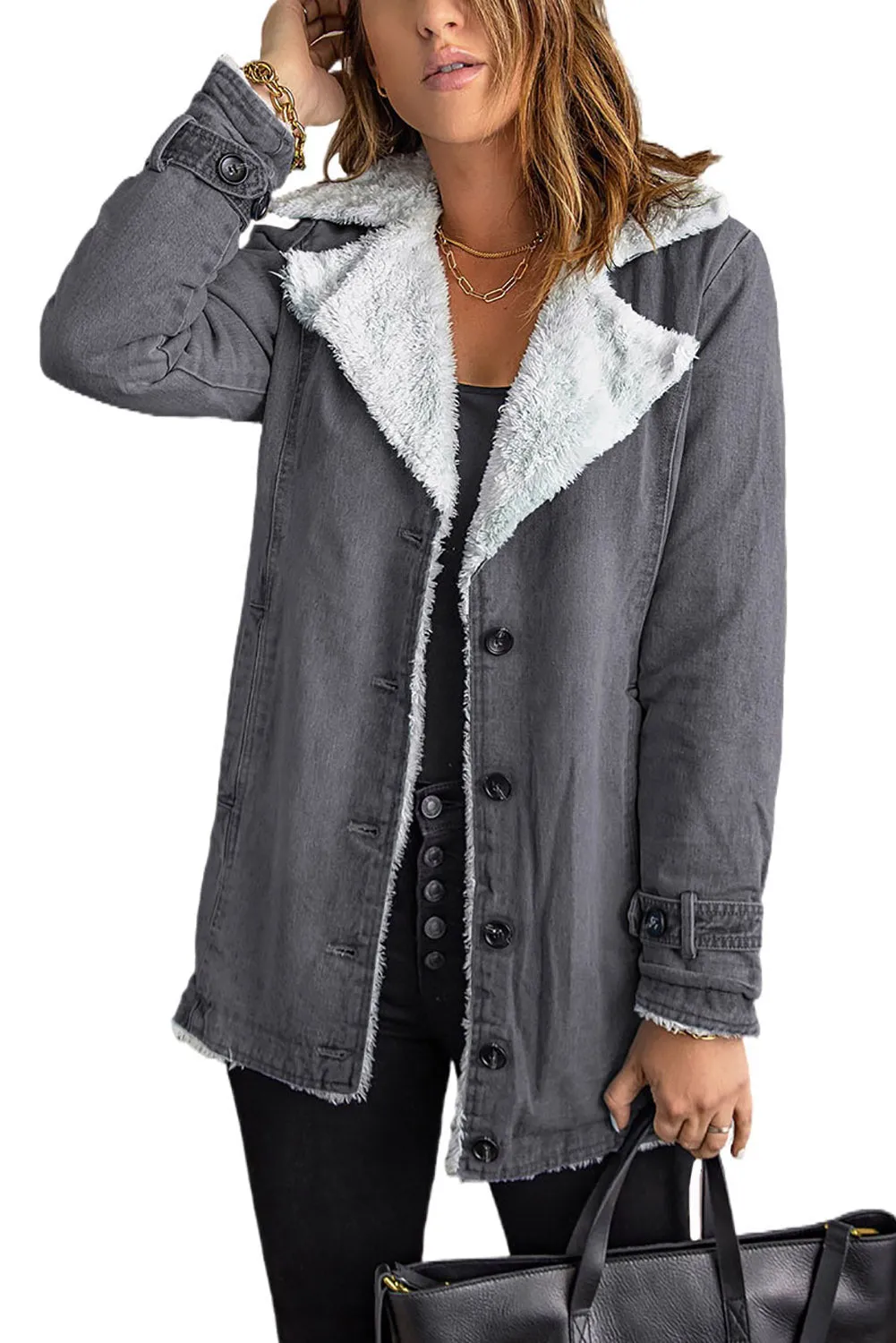 Buttoned Denim Jacket with Faux Fur Lining