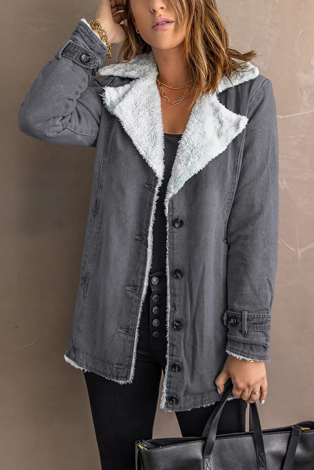 Buttoned Denim Jacket with Faux Fur Lining