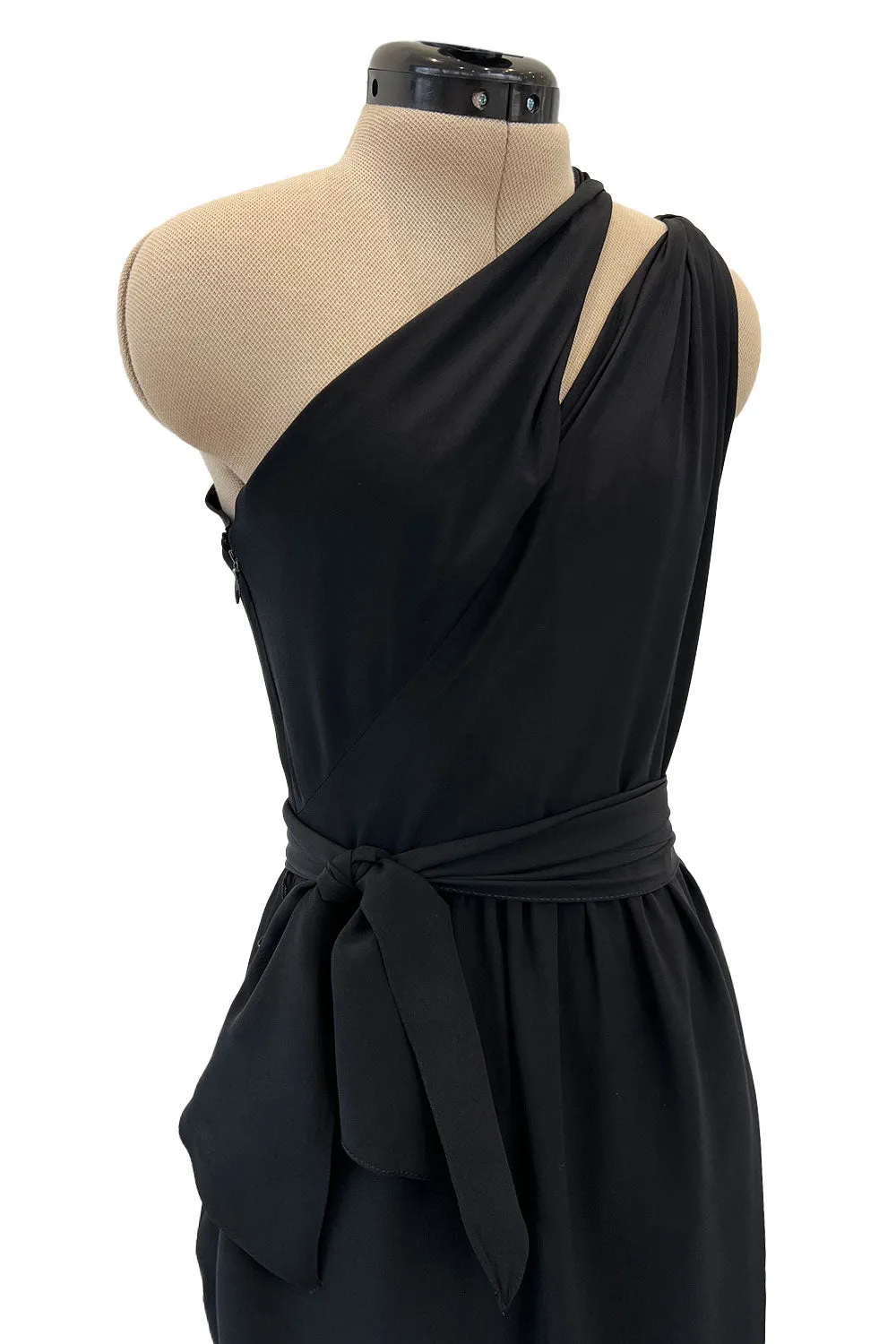 Chic 1970s Bill Blass One Shoulder Cut Out Little Black Light Weight Silk Dress w Silk Sash Tie