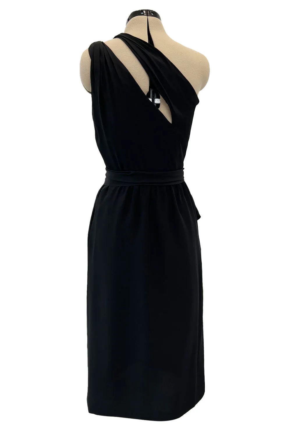 Chic 1970s Bill Blass One Shoulder Cut Out Little Black Light Weight Silk Dress w Silk Sash Tie