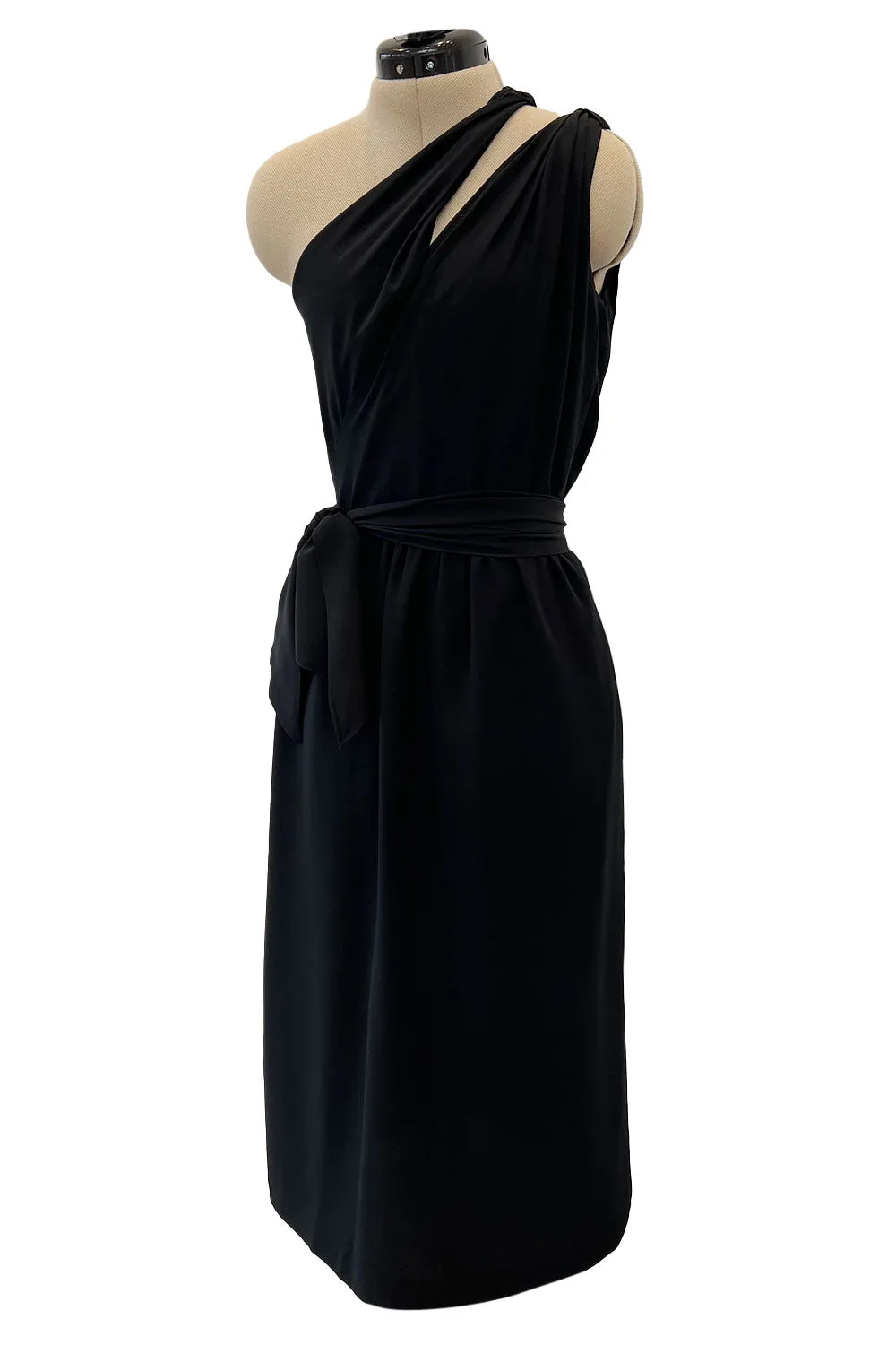 Chic 1970s Bill Blass One Shoulder Cut Out Little Black Light Weight Silk Dress w Silk Sash Tie