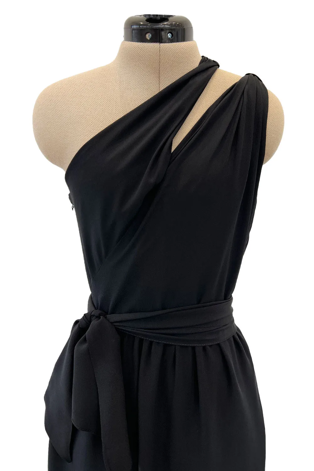 Chic 1970s Bill Blass One Shoulder Cut Out Little Black Light Weight Silk Dress w Silk Sash Tie