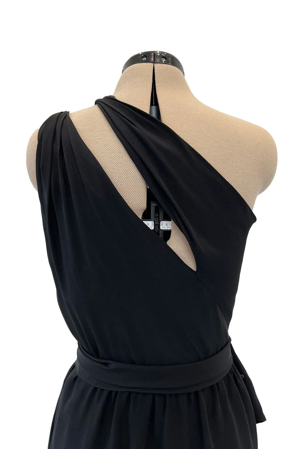 Chic 1970s Bill Blass One Shoulder Cut Out Little Black Light Weight Silk Dress w Silk Sash Tie