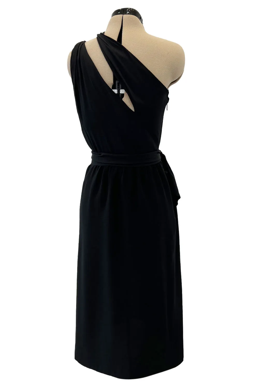 Chic 1970s Bill Blass One Shoulder Cut Out Little Black Light Weight Silk Dress w Silk Sash Tie