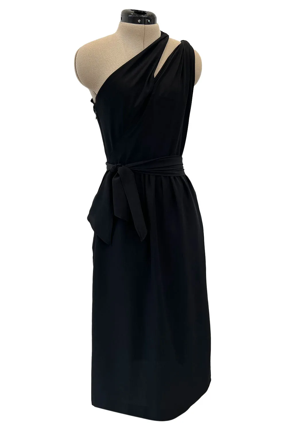 Chic 1970s Bill Blass One Shoulder Cut Out Little Black Light Weight Silk Dress w Silk Sash Tie