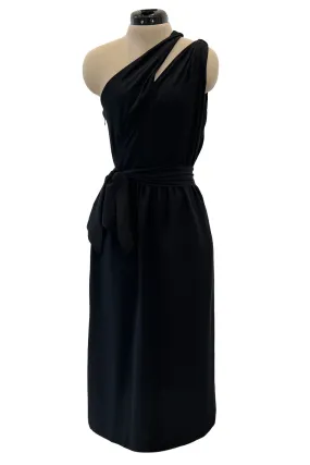 Chic 1970s Bill Blass One Shoulder Cut Out Little Black Light Weight Silk Dress w Silk Sash Tie