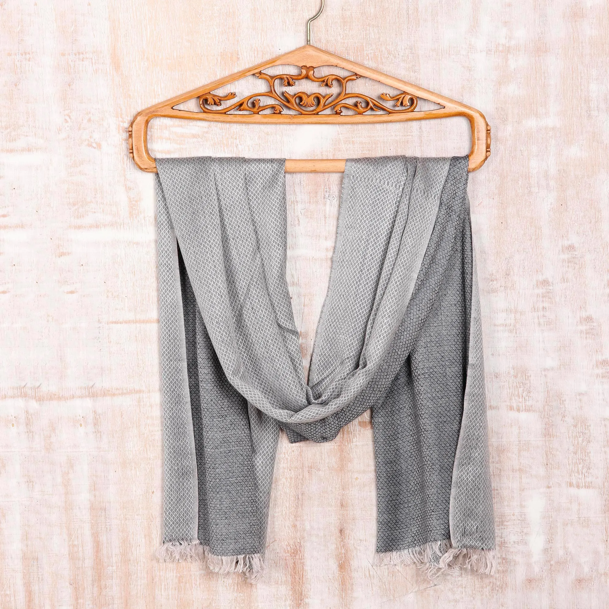 Grey Diamond Pattern Viscose Shawl - Glamorous Diamonds in Slate | NOVICA