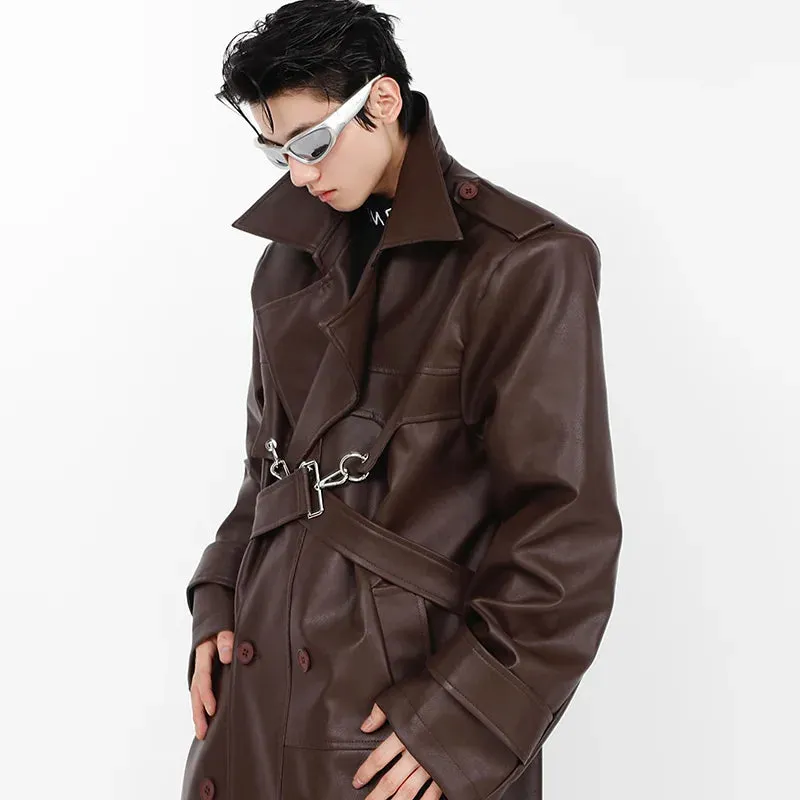 High Street Men Windbreaker PU Leather Shoulder Pad Coat Metal Zipper Double Splicing Design Knee Length Male Trench 9A6069