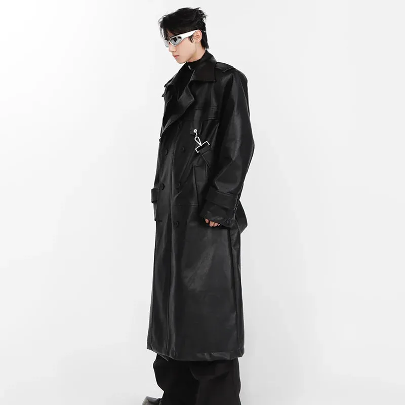 High Street Men Windbreaker PU Leather Shoulder Pad Coat Metal Zipper Double Splicing Design Knee Length Male Trench 9A6069