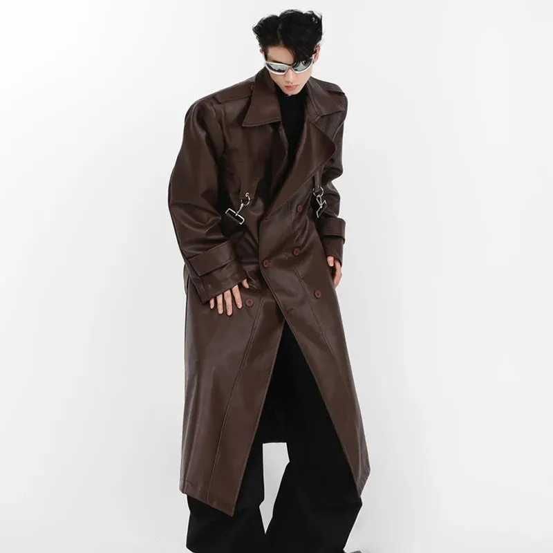 High Street Men Windbreaker PU Leather Shoulder Pad Coat Metal Zipper Double Splicing Design Knee Length Male Trench 9A6069