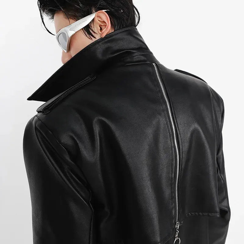 High Street Men Windbreaker PU Leather Shoulder Pad Coat Metal Zipper Double Splicing Design Knee Length Male Trench 9A6069