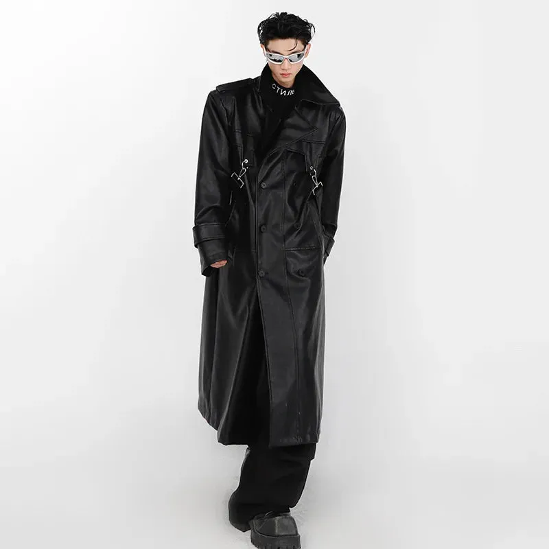 High Street Men Windbreaker PU Leather Shoulder Pad Coat Metal Zipper Double Splicing Design Knee Length Male Trench 9A6069