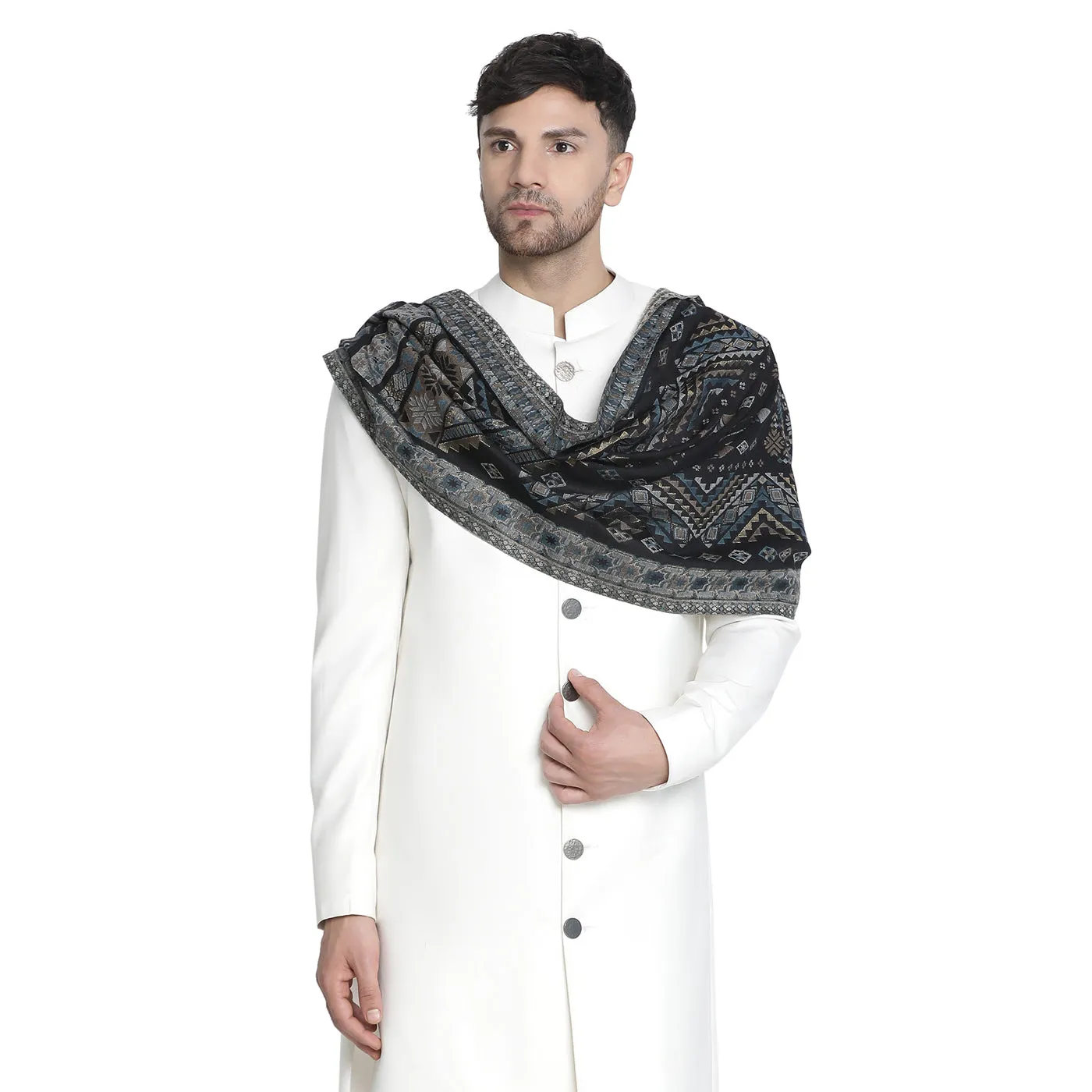 Jay Black Wool Metallic Jacquard Muffler