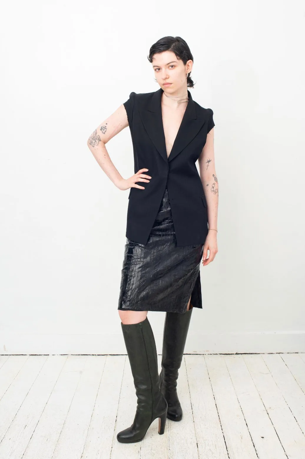Krizia 80's black eel leather pencil skirt