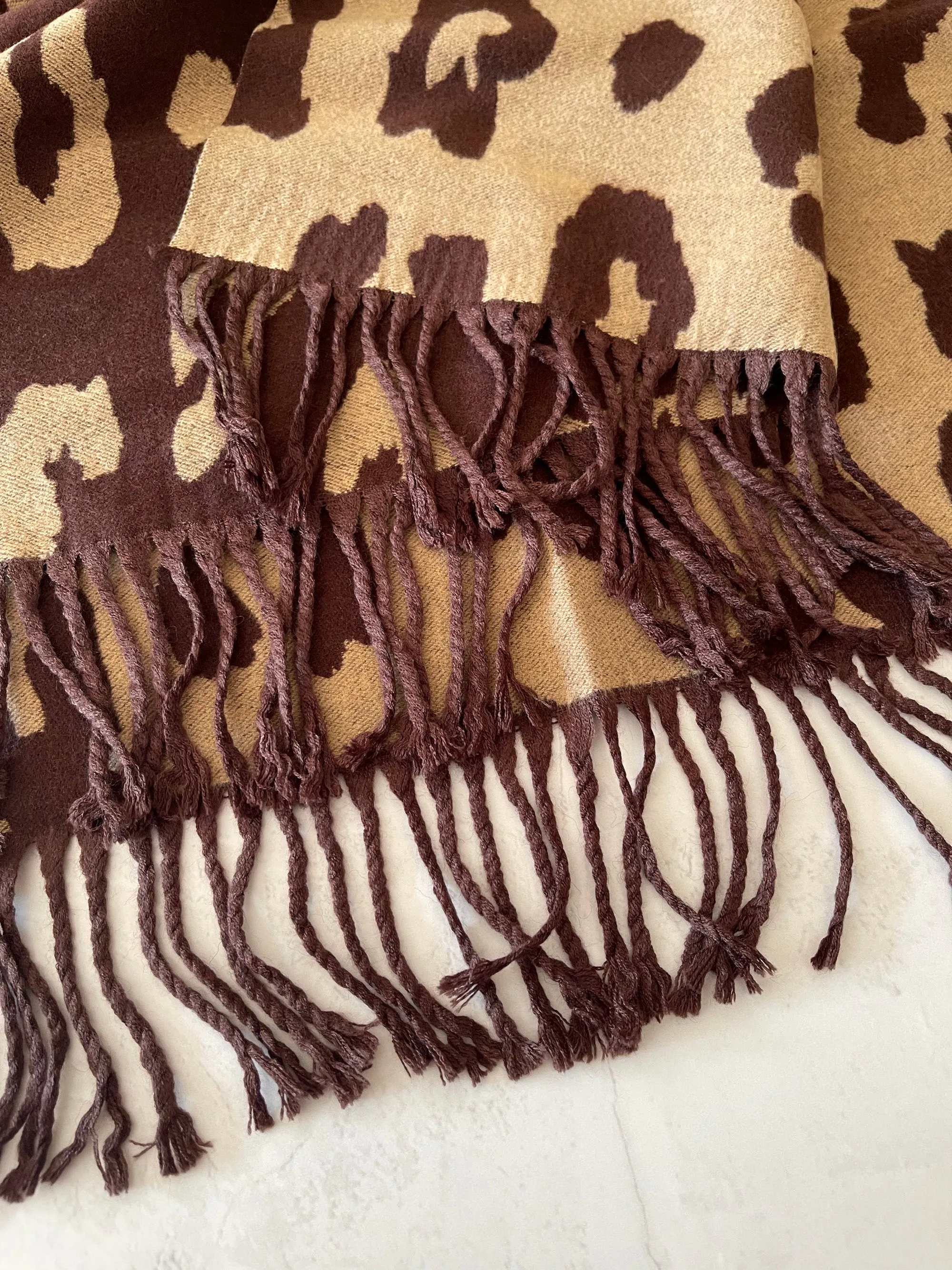 LARGE BROWN CASHMERE LEOPARD PRINT REVERSIBLE WINTER SHAWL BLANKET SCARF