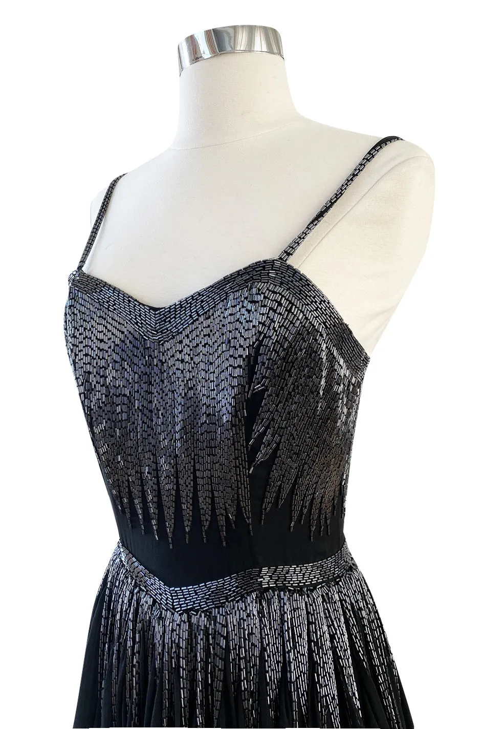 Late 1970s Oleg Cassini Extensively Beaded & Panelled Skirt Black Silk Chiffon Dress