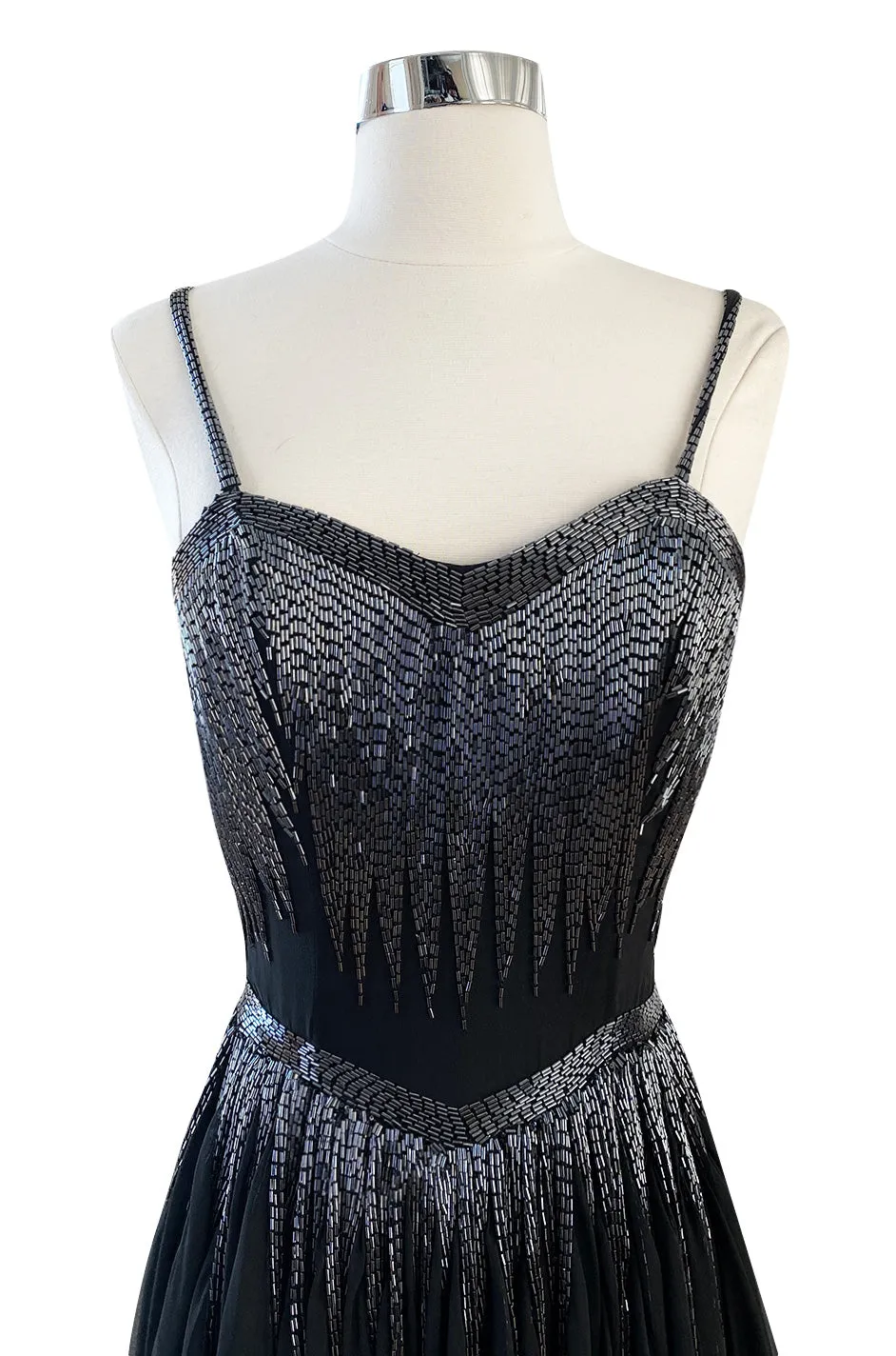 Late 1970s Oleg Cassini Extensively Beaded & Panelled Skirt Black Silk Chiffon Dress