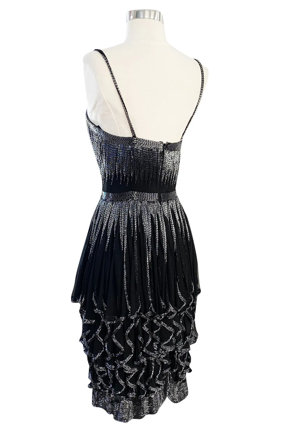 Late 1970s Oleg Cassini Extensively Beaded & Panelled Skirt Black Silk Chiffon Dress