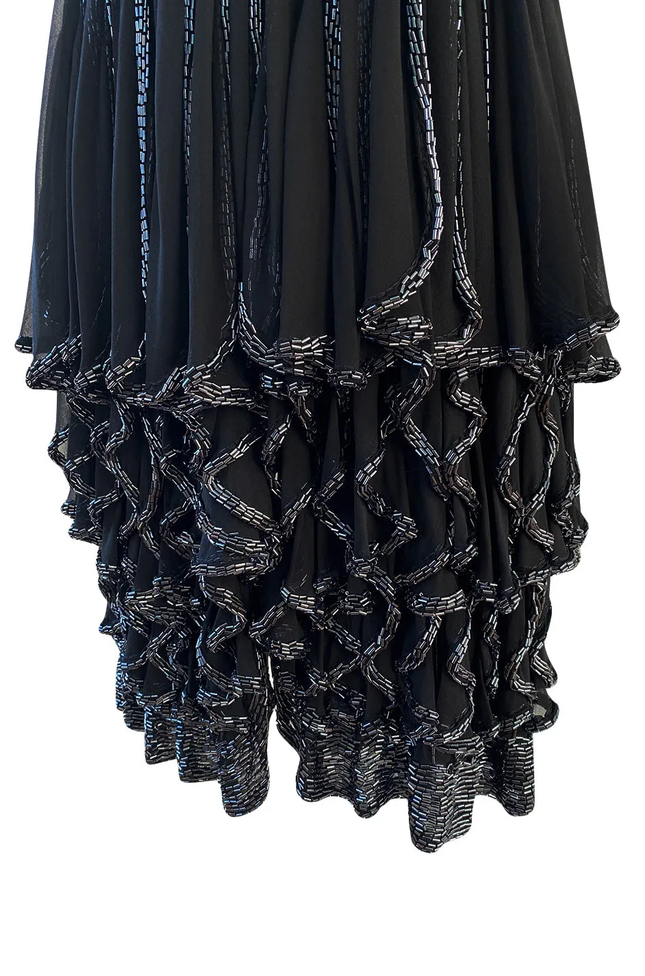 Late 1970s Oleg Cassini Extensively Beaded & Panelled Skirt Black Silk Chiffon Dress