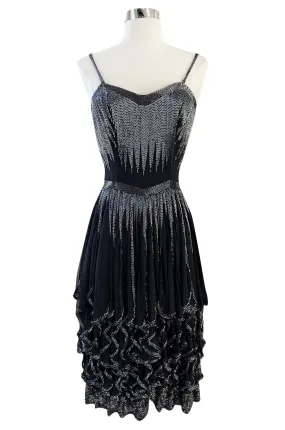 Late 1970s Oleg Cassini Extensively Beaded & Panelled Skirt Black Silk Chiffon Dress