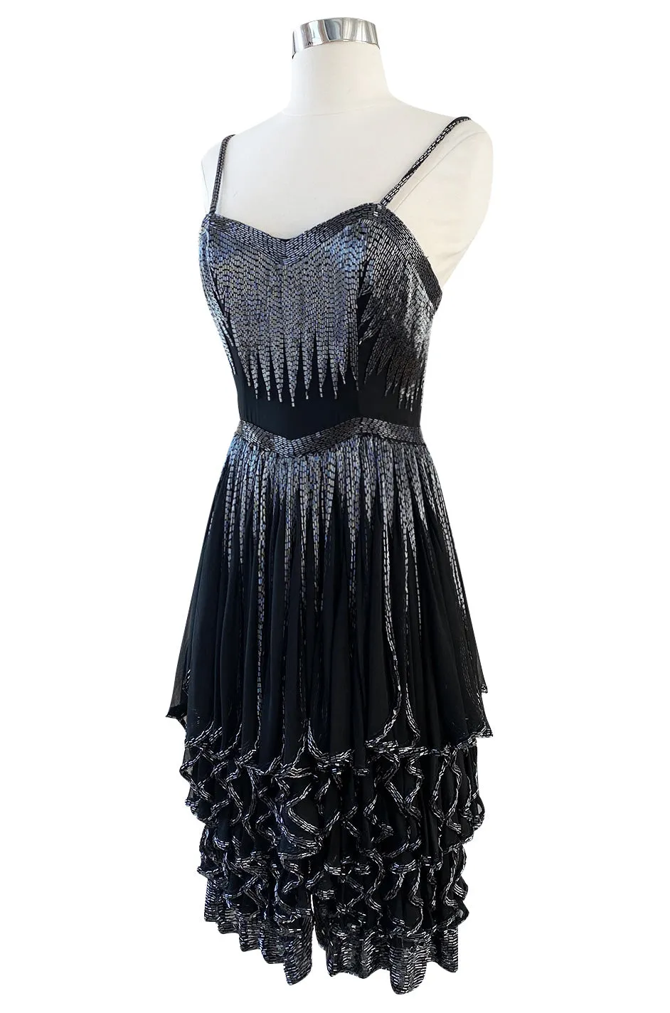 Late 1970s Oleg Cassini Extensively Beaded & Panelled Skirt Black Silk Chiffon Dress