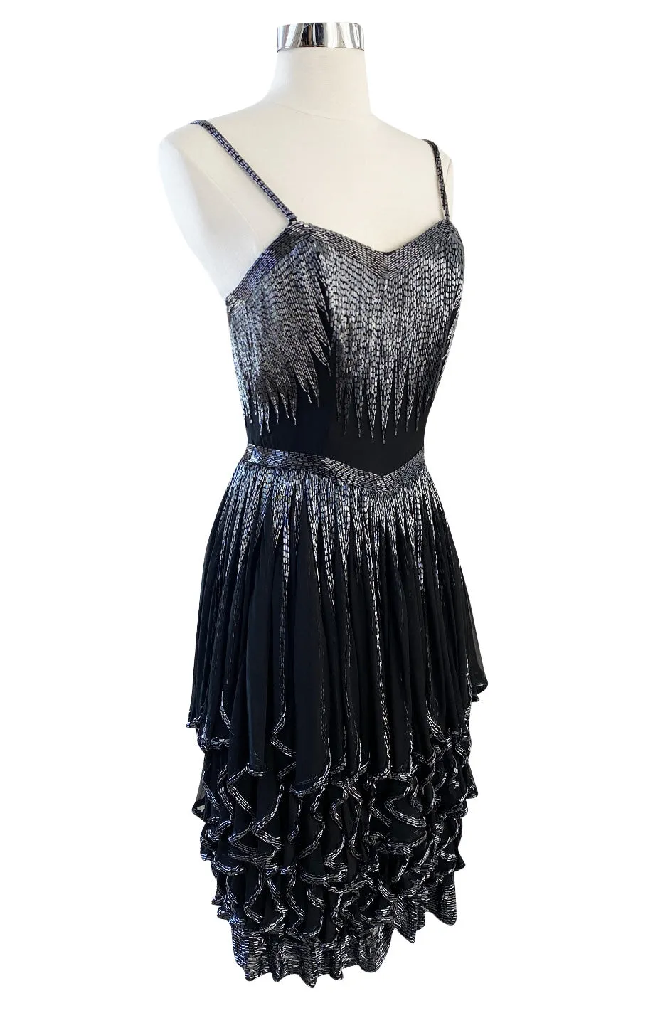 Late 1970s Oleg Cassini Extensively Beaded & Panelled Skirt Black Silk Chiffon Dress
