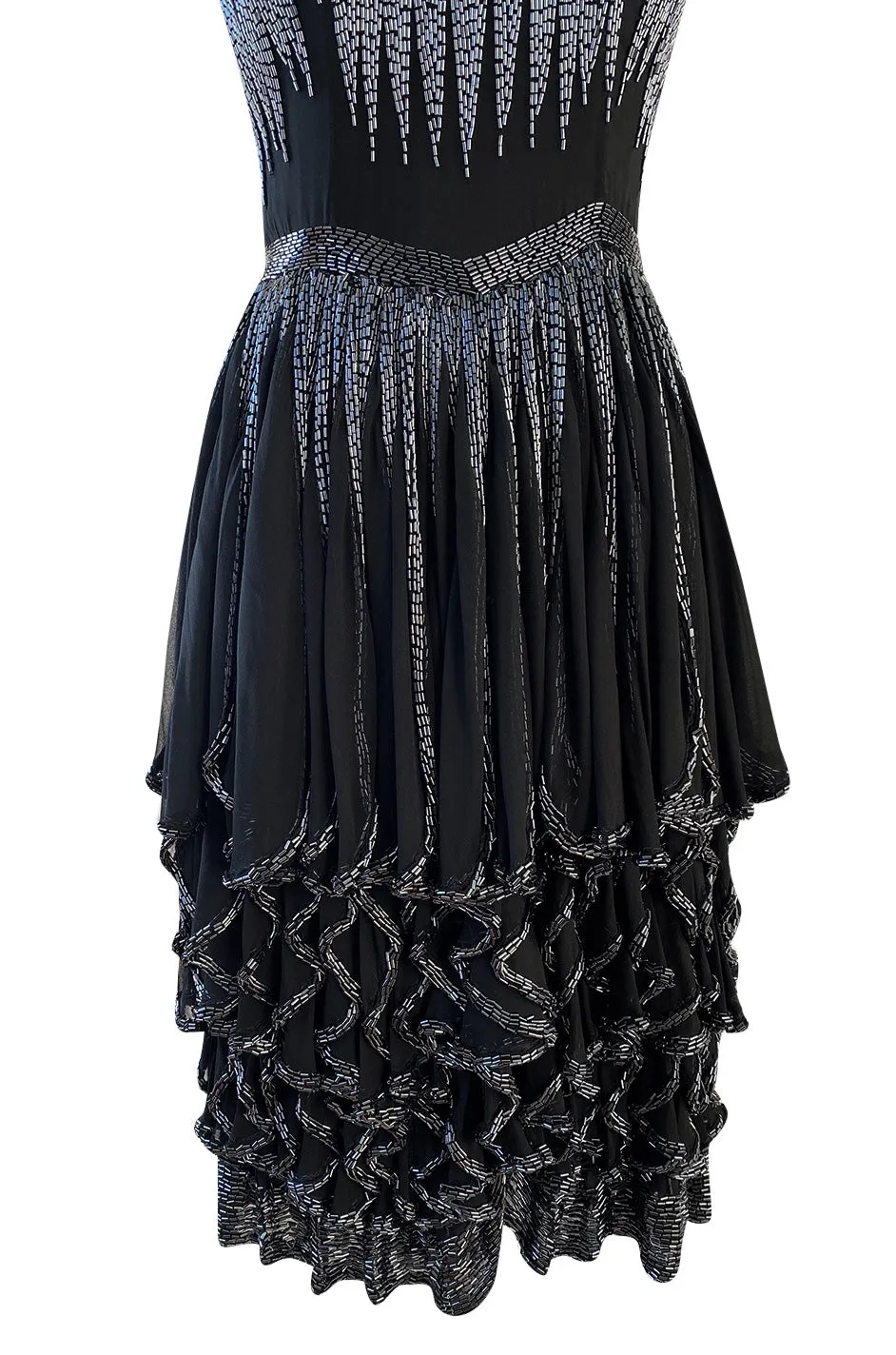 Late 1970s Oleg Cassini Extensively Beaded & Panelled Skirt Black Silk Chiffon Dress
