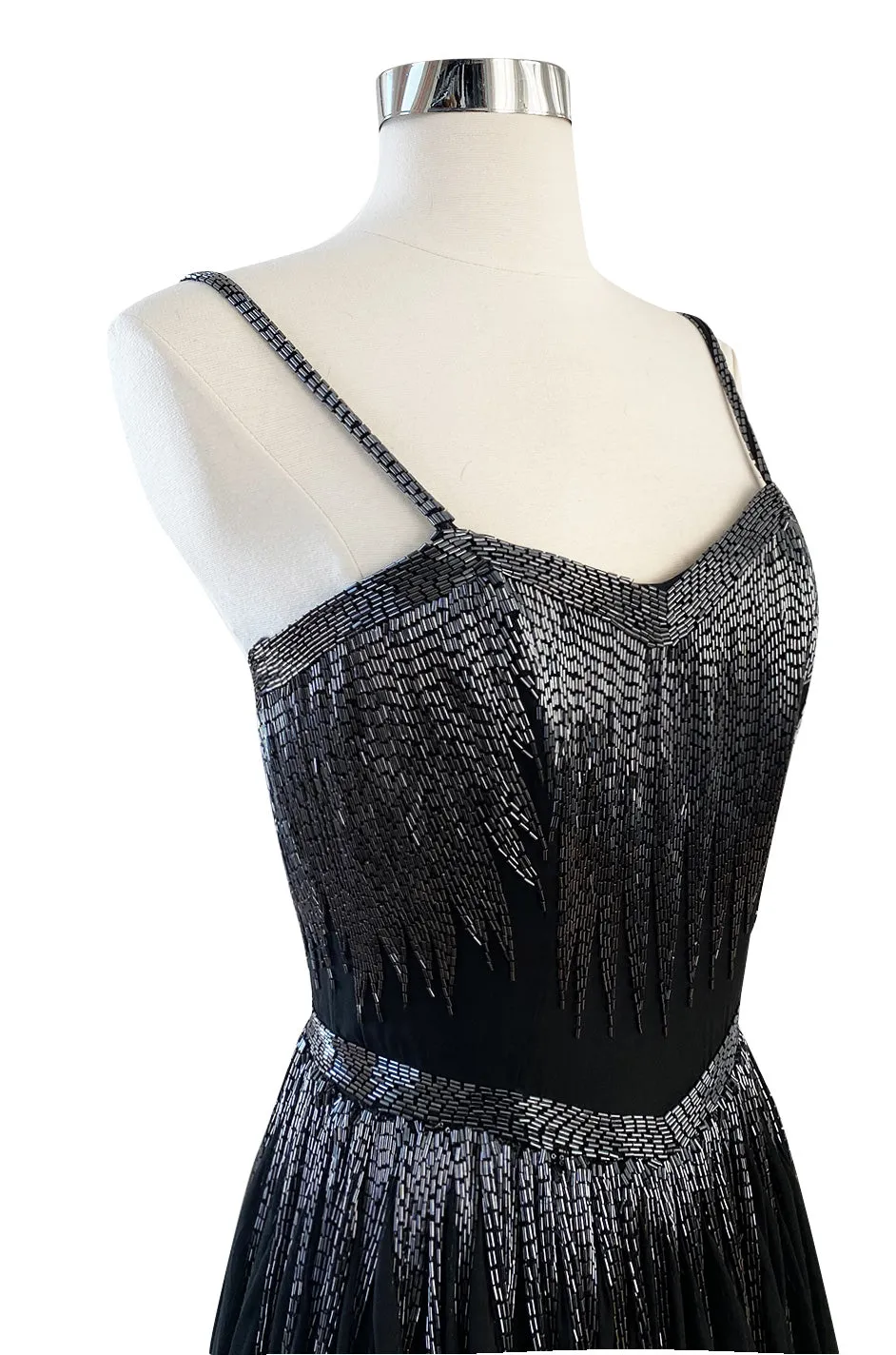 Late 1970s Oleg Cassini Extensively Beaded & Panelled Skirt Black Silk Chiffon Dress